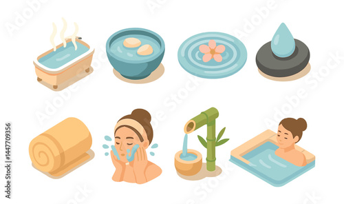Relaxation and wellness icons set – bath, sauna, water, spa, meditation, tranquility