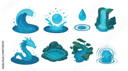 Magical water elements icons set – wave, sphere, drop, waterfall, dragon, spring, stream, symbol