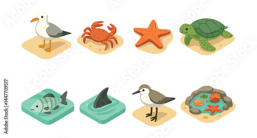 Beach wildlife icons set – seagull, crab, starfish, turtle, fish, shark, sandpiper, coral