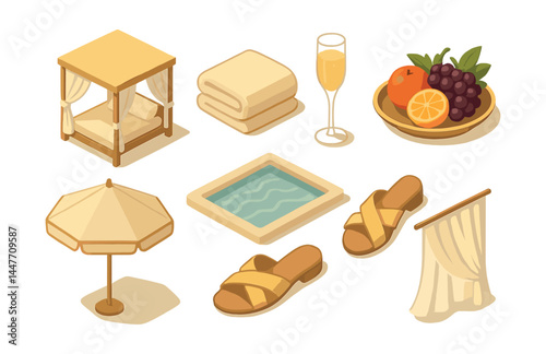 Luxury beach retreat icons set – cabana, towel, champagne, fruit, pool, sandals, umbrella, curtain
