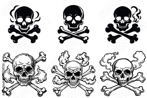 Collection of skull and crossbones designs with smoke details, in monochrome style