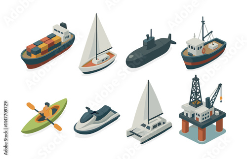 Isometric ocean transport icons set – cargo, sailboat, submarine, fishing, kayak, yacht, oil rig