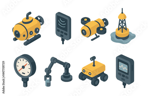 Ocean exploration gear icon set – submarine, sonar, drone, buoy, pressure, arm, rover, monitor