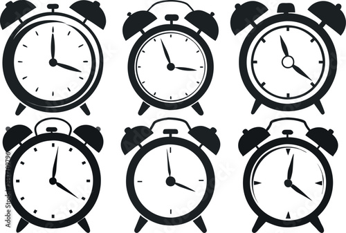 Collection of Black and White Alarm Clock Illustrations Showcasing Different Times