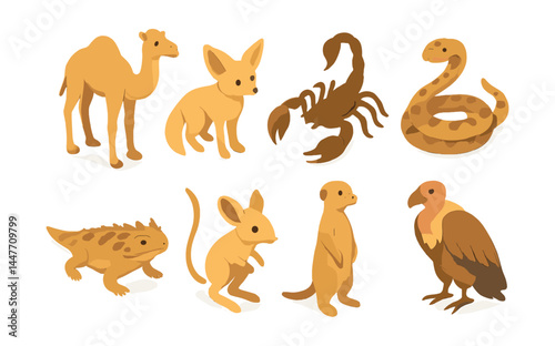 Desert animal icons set – camel, fennec fox, scorpion, snake, lizard, jerboa, meerkat, vulture