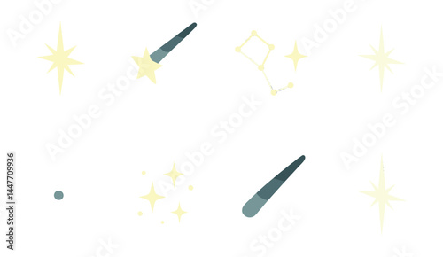 Night sky icons set – star, comet, constellation, meteor, twinkle, glow, astronomy, celestial, starlight