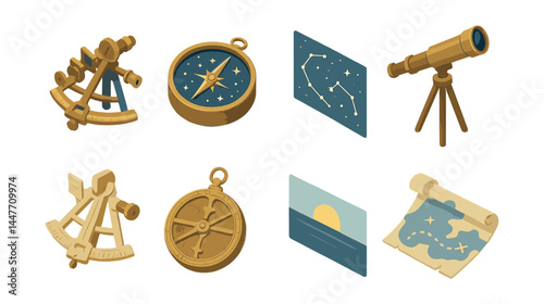 Isometric star navigation tools icons – compass, sextant, telescope, map, constellation