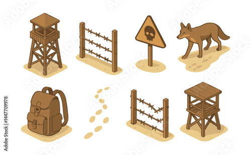 Desert border icons set – watchtower, barbed wire, warning sign, coyote, backpack