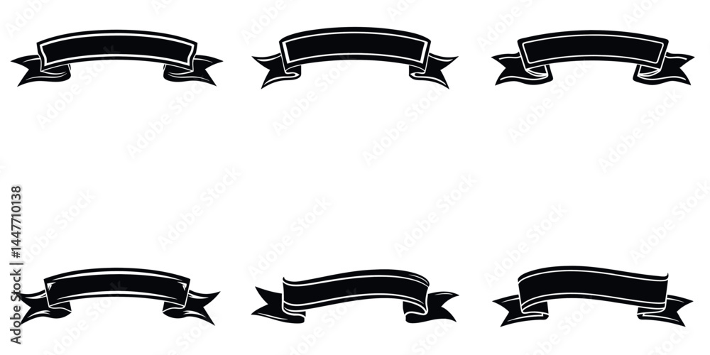 Set of six decorative black banner ribbons ideal for titles and messages