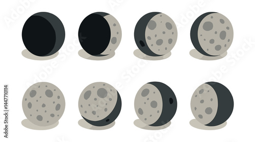 Isometric moon phases icons set – full, half, crescent, gibbous, new, shadow, cycle, waxing, waning, astronomy