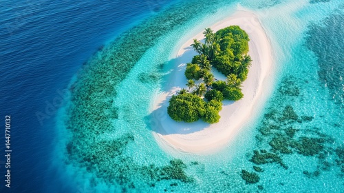 Fototapeta Naklejka Na Ścianę i Meble -  Stunning aerial view tropical island paradise beach ocean turquoise water sea sky sand reef blue palm