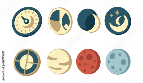 Isometric lunar icons set – moon phases, clock, stars, eclipse, celestial