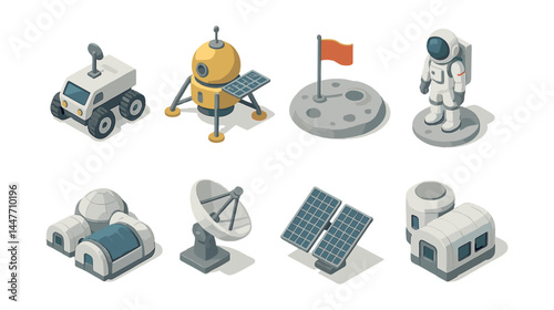 Moon exploration icons set – rover, lander, flag, astronaut, habitat, antenna, solar panels