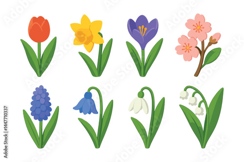 Spring flower icons set – tulip, daffodil, crocus, cherry blossom, hyacinth, bluebell, snowdrop, lily of the valley