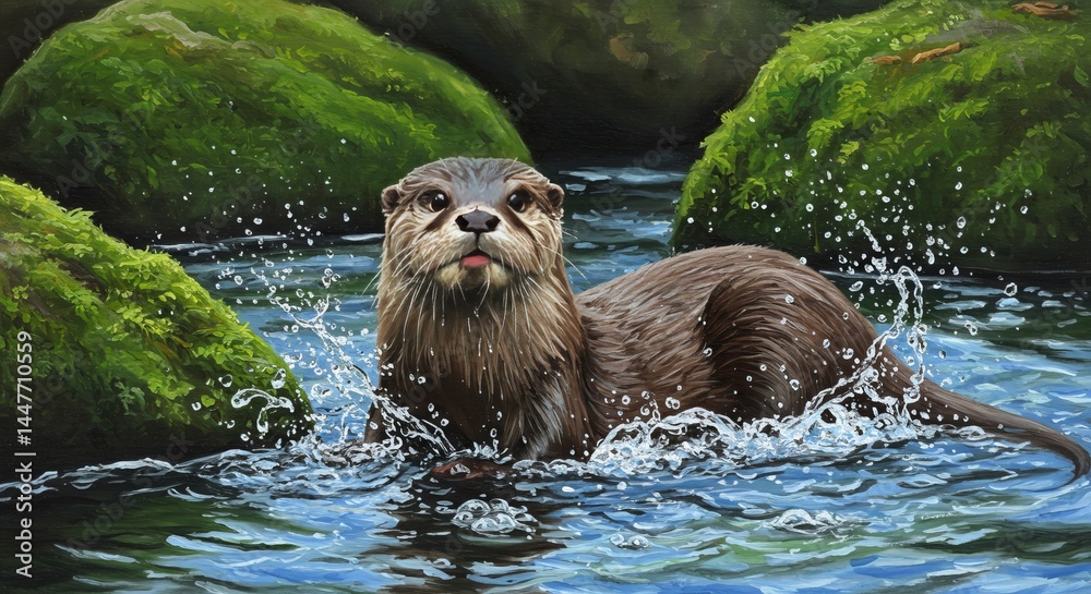 Obraz premium Otter in a river with splashing water
