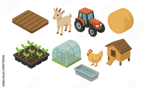 Spring farm isometric icons set – field, goat, tractor, hay, seedlings