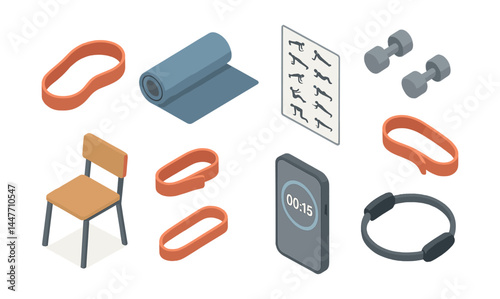 Home workout essentials icons set – chair, mat, timer, dumbbells, bands, chart, wheel