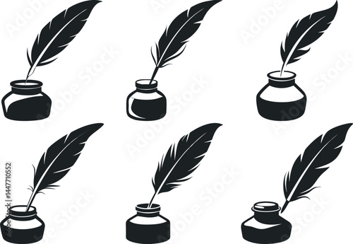 Six Detailed Illustrations of Feather Quills and Inkwells on a White Background
