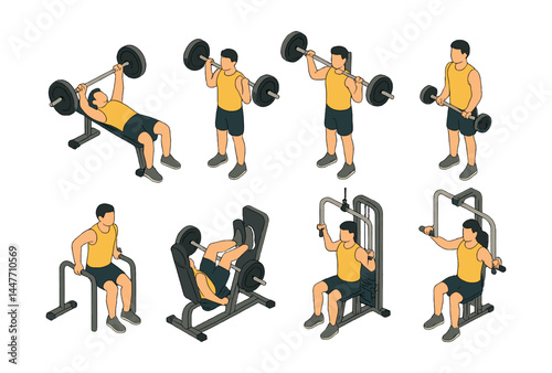 Isometric workout icons set – bench press, squat, deadlift, pulldowns, machine press