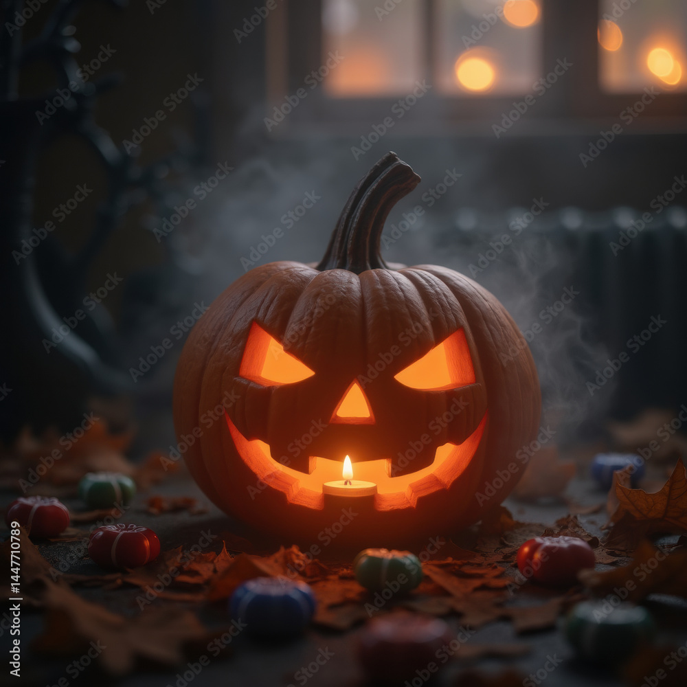 Obraz premium glowing pumpkin with carved face sits among colorful candies and autumn leaves, creating spooky yet festive atmosphere