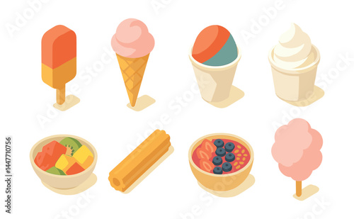 Summer treats icons set – popsicle, ice cream, shaved ice, smoothie, churro, cotton candy, fruit bowl