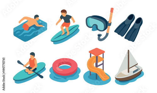 Isometric water activities icons set – swimming, surfing, snorkeling, kayaking, sailing, diving
