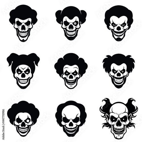 Collection of nine stylized scary clown skull illustrations in black and white