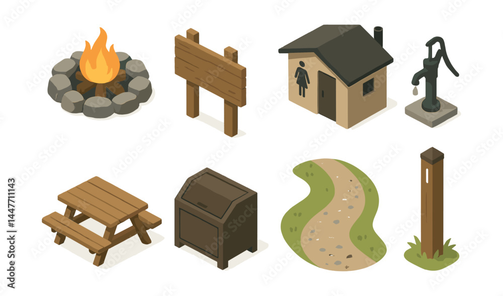 Isometric campground icons set – campfire, signpost, cabin, pump, picnic table, trash bin