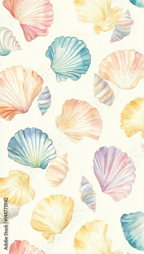 Pastel seashells pattern on white background. Delicate watercolor style