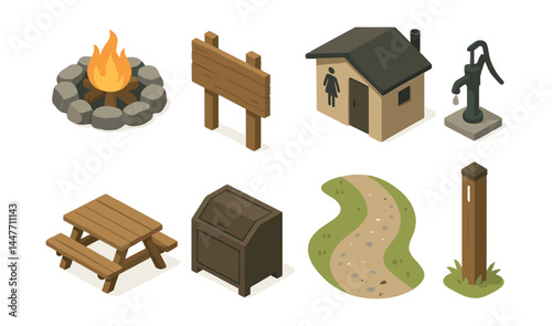 Isometric campground icons set – campfire, signpost, cabin, pump, picnic table, trash bin