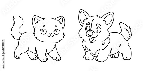 Line art coloring page for kids. Kindergarten or preschool coloring activity. Kawaii puppy and kitten friends. Cute pet vector illustration