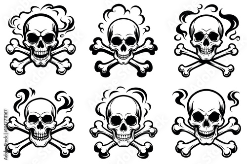 Collection of Six Black and White Skull and Crossbones Designs with Smoke