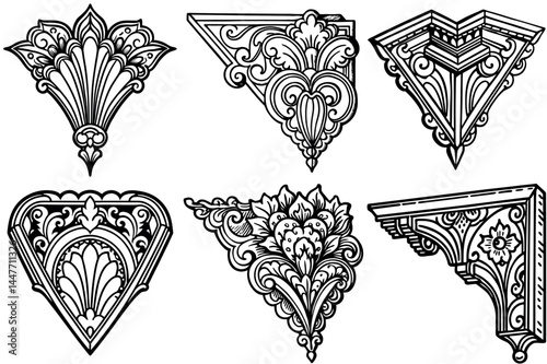Collection of decorative architectural ornaments featuring floral and geometric designs in black and white