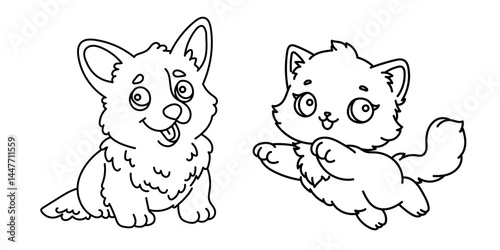 Line art coloring page for kids. Kindergarten or preschool coloring activity. Kawaii puppy and kitten friends. Cute pet vector illustration