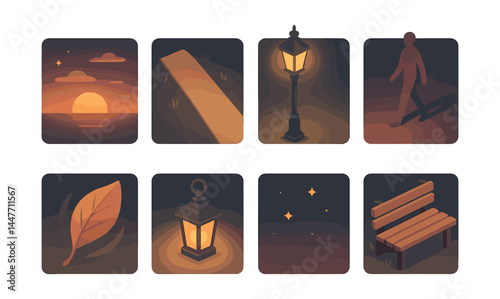 Evening walk icons set – sunset, pathway, lantern, walker, leaf, stars, bench