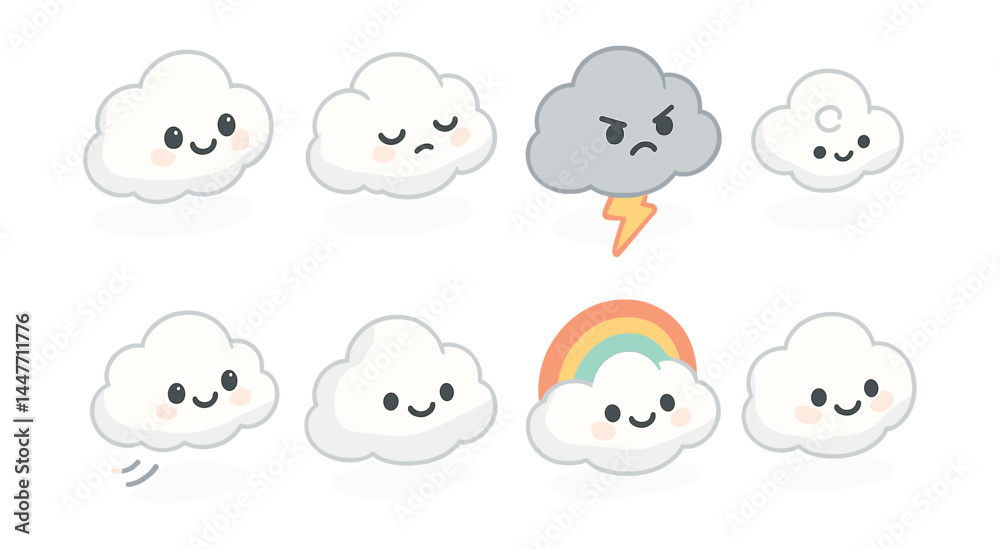 Cartoon cloud icons set – happy, sad, angry, lightning, rainbow, cute, fluffy, weather, kawaii Cartoon cloud icons set – happy, sad, angry, lightning, rainbow, cute, fluffy, weather, kawaii