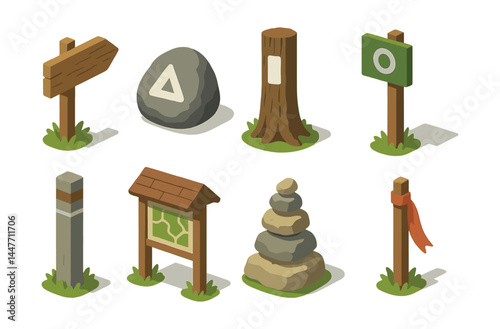 Trail marker icons set – signpost, stone, tree, map, cairn, ribbon