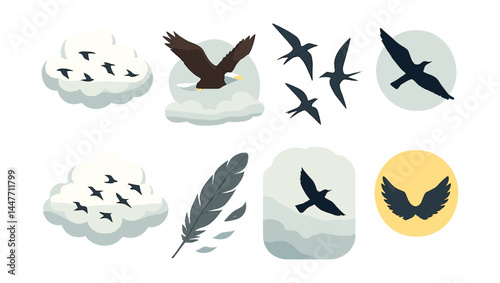 Isometric bird and cloud icons set – eagle, flock, feather, silhouette