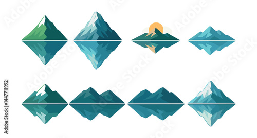 Mountain reflection icons set – peaks, reflections, sunrise, scenery, nature
