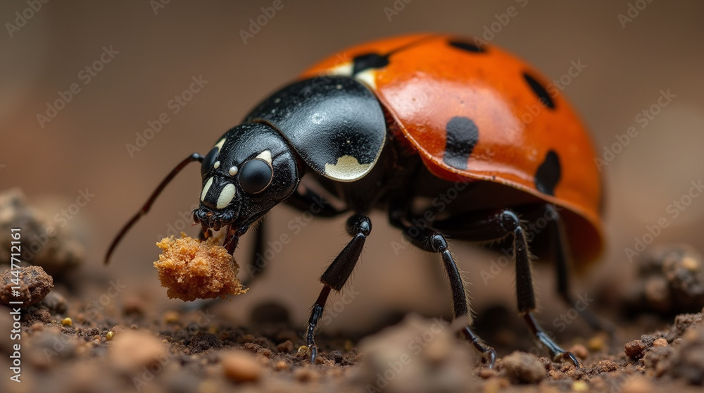 Obraz premium Macro shot of an ant carrying a food crumb, high contrast with textured soil background, shallow depth of fieldExtreme close-up of a ladybug’s wing under magnification, visible textures and color