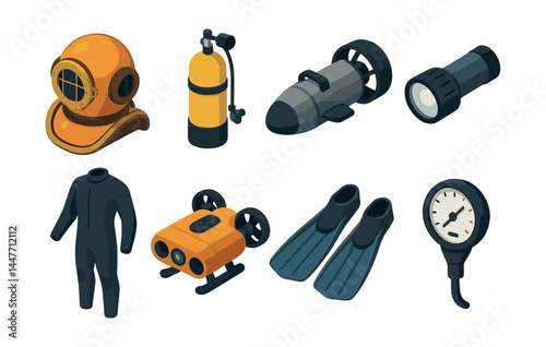 Underwater exploration gear icons set – helmet, scuba, flashlight, wetsuit, fins, gauge
