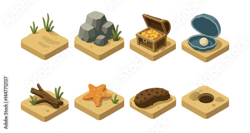 Ocean floor treasures icons set – sand, rock, chest, pearl, driftwood, starfish, sponge, hole