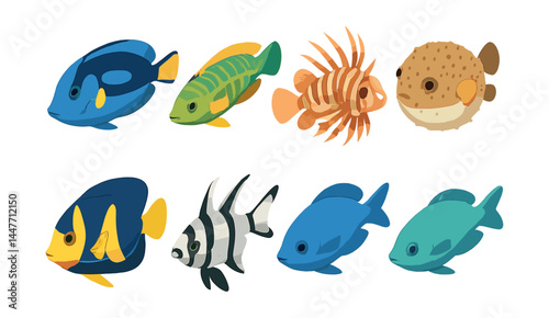 Isometric tropical fish icons set – angelfish, clownfish, pufferfish, surgeonfish, dottyback