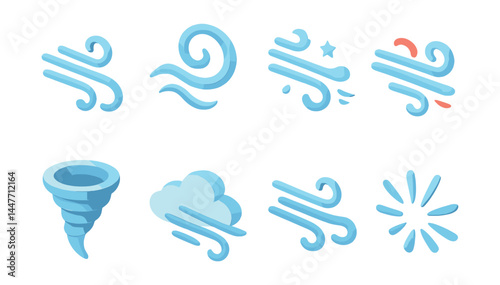 Isometric wind icons set – breeze, gust, cyclone, cloud, swirl, storm