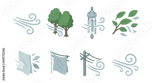 Wind sound icons set – breeze, trees, chimes, leaves, whisper, cloth, signals
