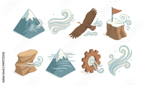 Mountain wind icons set – peaks, breeze, eagle, cliffs, gear, snow