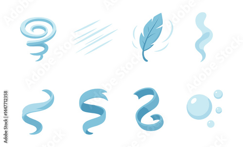 Wind motion icons set – swirl, breeze, feather, mist, vortex, lines, gust, air, bubble, flow