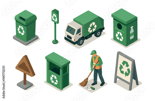 Recycling and waste management icons set – bin, truck, sign, cleaner, trash