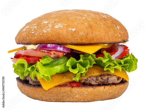 beau burger avec buns au pain complet, steak grillé, double fromage, tomates, oignon et salade - photographie studio - fond transparent