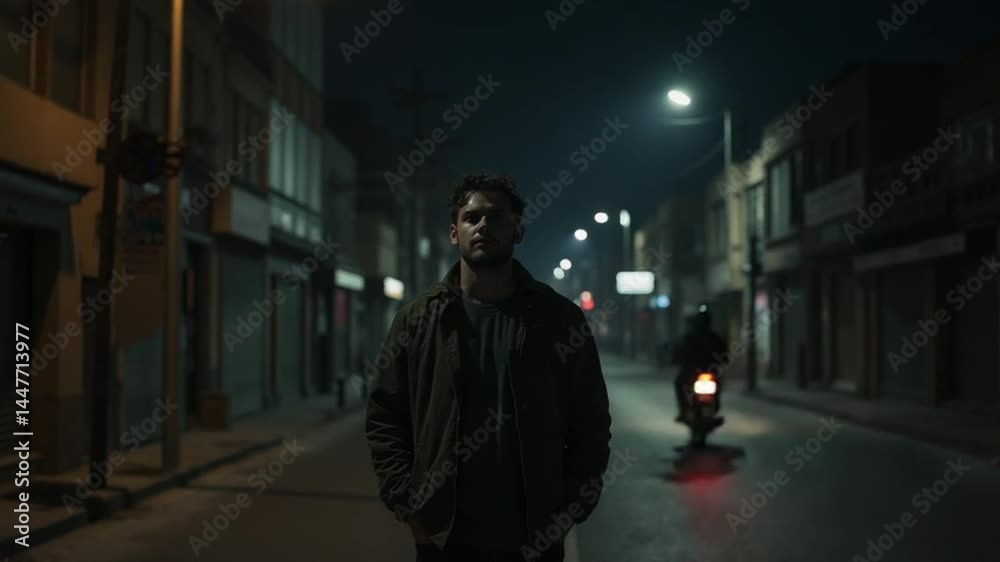 Man Walking Alone Under Street Lights at Night